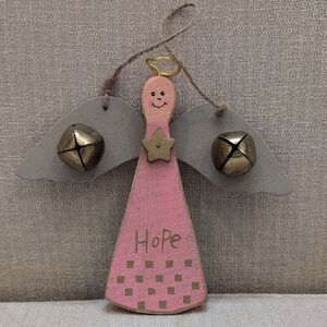 Hand Crafted Wooden Pink Hope Angel Ornament Wall Hanging with Bells